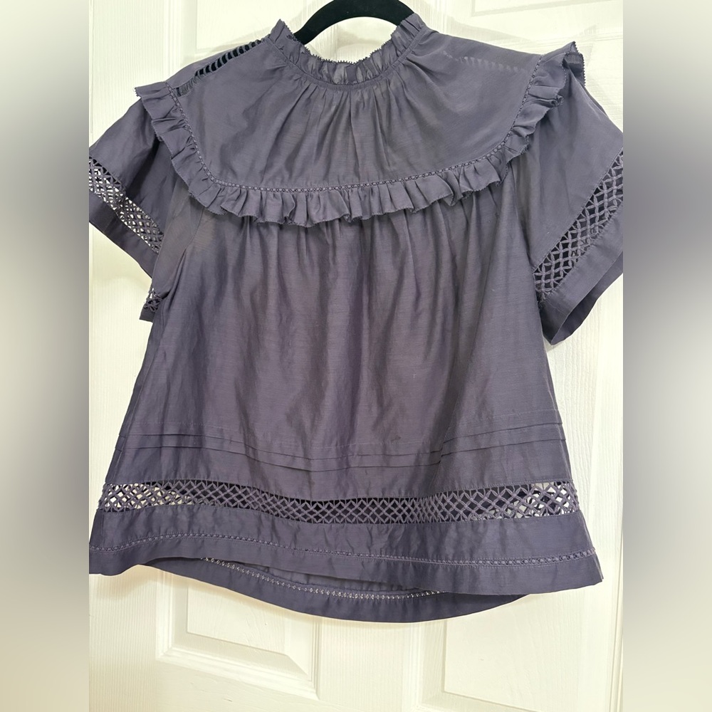 Marie Oliver Ruffle Lace Trim Cotton Silk Blouse XS Charcoal - Picture 6 of 6